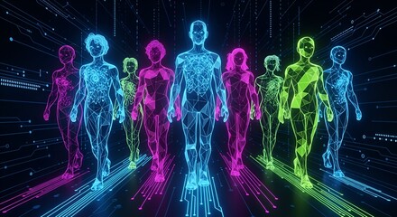 Digital human figures walking on a circuit board surface in vibrant neon colors and low poly style
