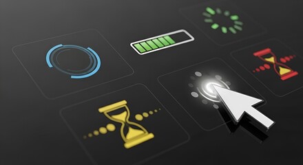 Cursor selecting a button on a dark surface with battery and loading icons displayed on it