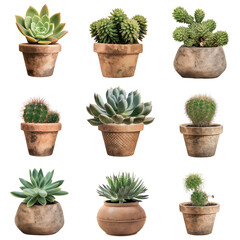 Fototapeta premium ollection of various succulents and cacti in rustic clay pots