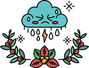 A black and white drawing of a stormy sky with a lightning bolt and rain falling