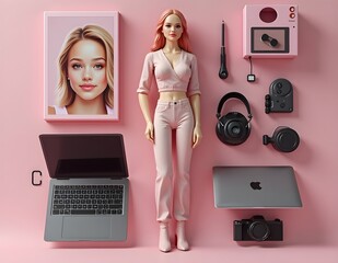 Action figure from photo, realistically depicted,camera accessories, Macbook Pro, camera, drawing tablet and headset. Above and below the box written text "ALL PINK" & "everything has its own time