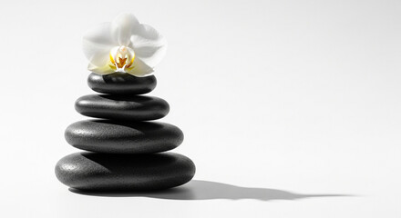 Stack of black spa stones with a white orchid flower on top isolated on white background