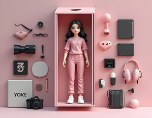 Action figure from photo, realistically depicted,camera accessories, Macbook Pro, camera, drawing tablet and headset. Above and below the box written text "ALL PINK" & "everything has its own time