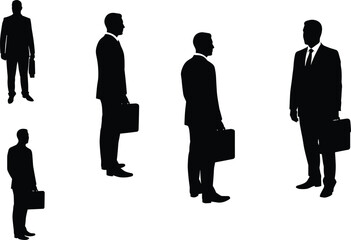 Business silhouettes, briefcase holding, male figure, corporate stance, directional posture, black suit, office identity, executive presence, branding, visual uniformity