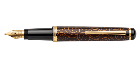Brown fountain pen with gold trim isolated on transparent background