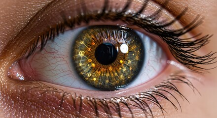Dazzling human eye with golden network overlay symbolizing connectivity, data, and digital vision, offering a glimpse into the future of technology and information flow.