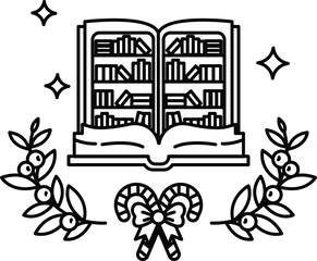 A book with a wreath of leaves and a candy cane on the cover