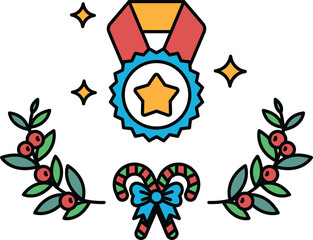 Naklejka premium A black and white drawing of a wreath with a star and a medal