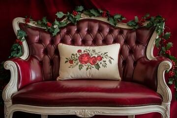 Elegant Red Leather Sofa with Floral Pillow and Festive Holly Garland Creating a Cozy Christmas Ambiance