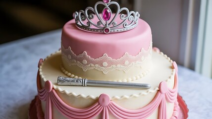 Elegant princess cake with a crown fit for royalty and a beautiful magic wand