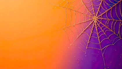 Halloween gradient background with orange violet tones and radiant glittering spider web