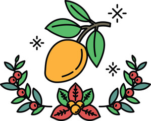 A black and white drawing of a fruit with a leafy green stem