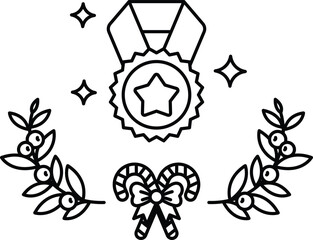 Obraz premium A black and white drawing of a wreath with a star and a medal