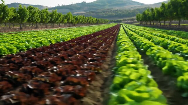 Rows of vibrant green and red leafy crops stretch towards distant rolling hills