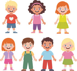 Cartoon group of diverse children smiling, vector illustration for childhood education, friendship, inclusivity, school themes, and playful character design