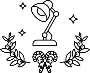 A lamp is drawn in the center of a wreath of leaves