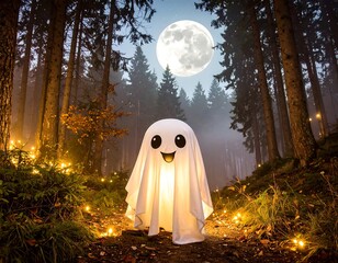 A happy ghost in a mystical forest at night