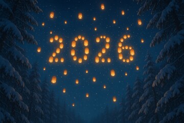 New year 2026 illuminated by floating lanterns in snowy forest, winter night sky with glowing lights and festive atmosphere.