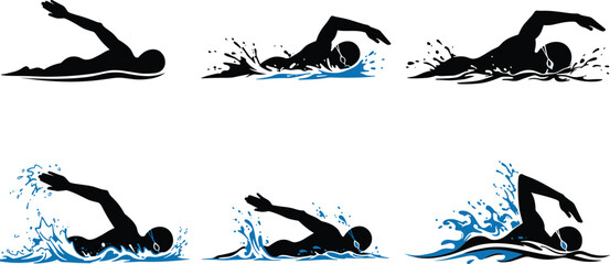 Freestyle swimming sequence, swimmer silhouette, water splash, arm movement, stroke technique, sports training, dynamic motion, isolated vector, athletic form, fluid dynamics