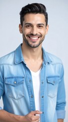 A happy man wearing a light blue denim shirt