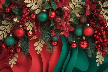 Festive Holiday Garland with Ornaments and Berries Displayed on a Decorative Red and Green Backdrop