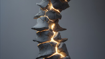 A sculptural representation of a human spine made of cracked stone with five points of intense pressure glowing warmly.