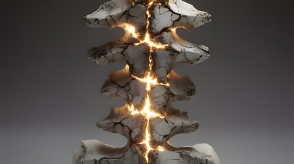A sculptural representation of a human spine made of cracked stone with five points of intense pressure glowing warmly.