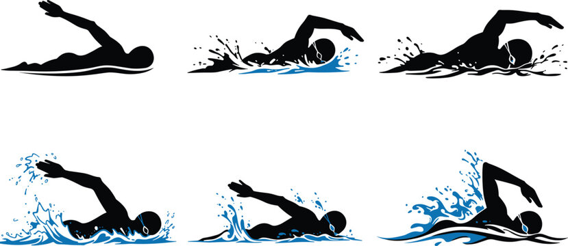 Freestyle swimming sequence, swimmer silhouette, water splash, arm movement, stroke technique, sports training, dynamic motion, isolated vector, athletic form, fluid dynamics