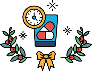 A black and white drawing of a clock and a bottle of pills