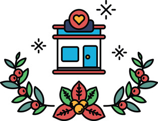 A black and white drawing of a building with a heart on it