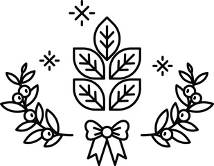 A black and white drawing of a wreath with leaves and berries