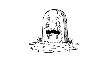 Cartoon gravestone with facial expression and eerie features in mud  