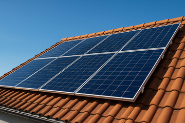 solar panels installed on house roof under blue sky renewable energy concept