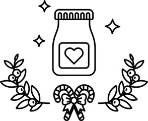 A jar with a heart on it is surrounded by leaves and a ribbon