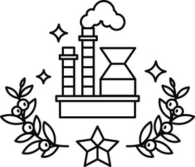 A black and white drawing of a factory with a star and leaves surrounding it