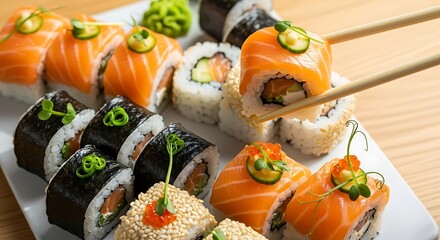 A vibrant platter of fresh sushi and maki rolls, meticulously arranged with salmon, crisp vegetables, and delicate garnishes, offering an authentic Japanese culinary delight
