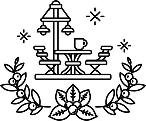 A black and white drawing of a patio with a table and chairs