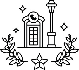 A black and white drawing of a telephone booth and a street lamp