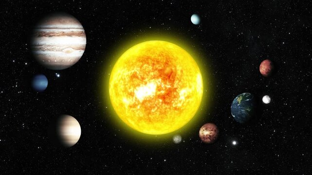Glowing Animation of the solar system with planets orbiting the sun