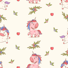 Seamless pattern. Cute Unicorn with Multicolored Mane on White Background with Flowers and Heart. Funny Romantic Cartoon Little Horse Kawaii Animal. Vector illustration. Kids collection. Not AI