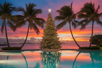 A Tropical Christmas Dream: Illuminated Tree Amidst Palm Trees and Ocean Sunset
