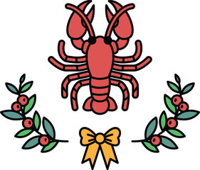 A red crab is surrounded by leaves and berries