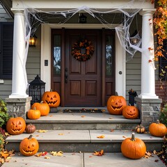 Halloween porch decorated with pumpkins