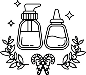 Two bottles of lotion are shown with a wreath of leaves and a candy cane
