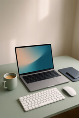 Fototapeta premium Home office desk workspace with a minimalist desk organization and modern electronic devices, laptop, white keyboard, tablet, coffee cup, perspective vertical view