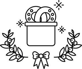 A black and white drawing of a basket with a horse shoe on top