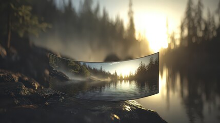 Abstract Pixelated Landscape Reflection Over Water at Sunrise