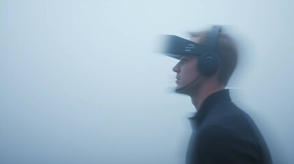 Young man VR headset fog background.