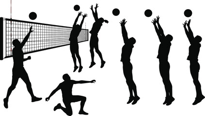 Volleyball net action, athlete silhouette jumping, spiking ball pose, blocking movement, diving technique, sports training motion, isolated black figure