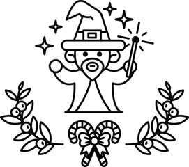 A black and white drawing of a wizard holding a wand